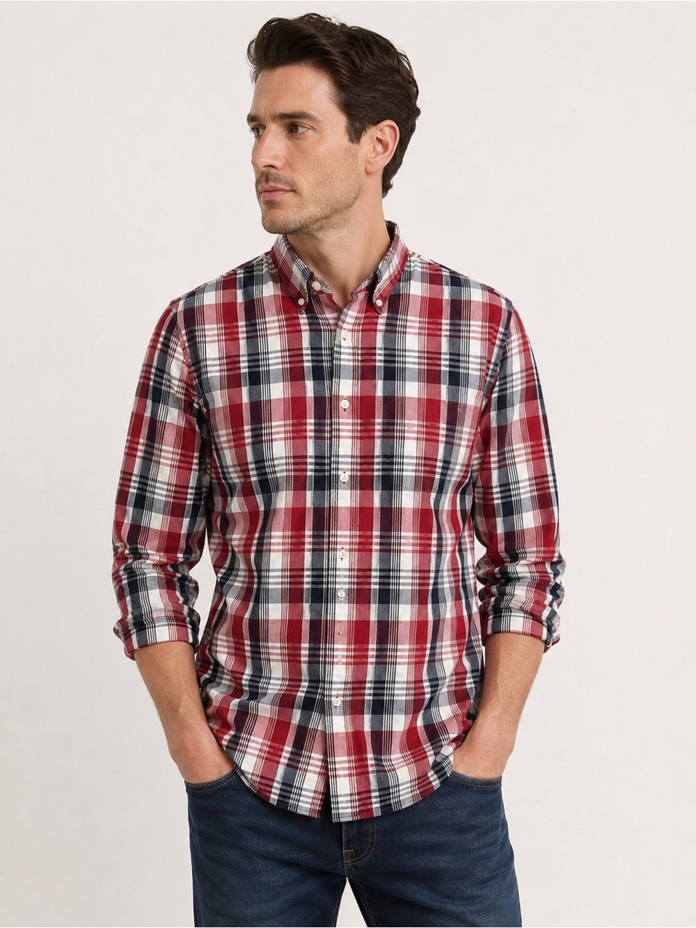 Brooks Brothers Red Fleece Mens Medium Plaid Button Down Shirt Red Blue White